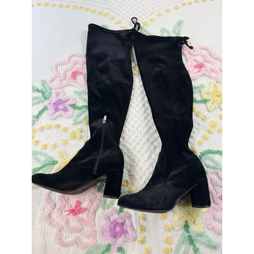 Marc Fisher Black Velvet Over The Knee Block Heel Boots Size 6.5M Tie Back Zip
